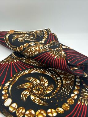 Bold print African Wax Fabric with black, brown, white and red pattern. 6 yards